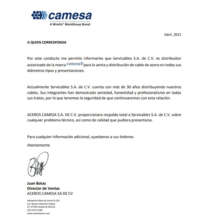 Certificado Camesa Servicables